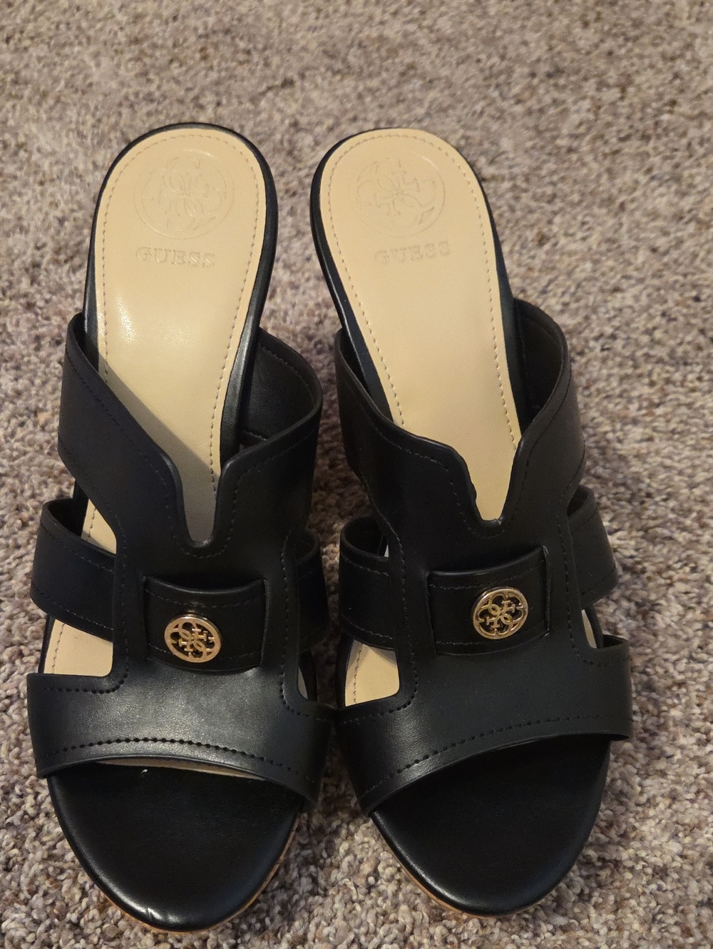 GUESS Black Open-Toe Slip-On Mules with Gold Emblem